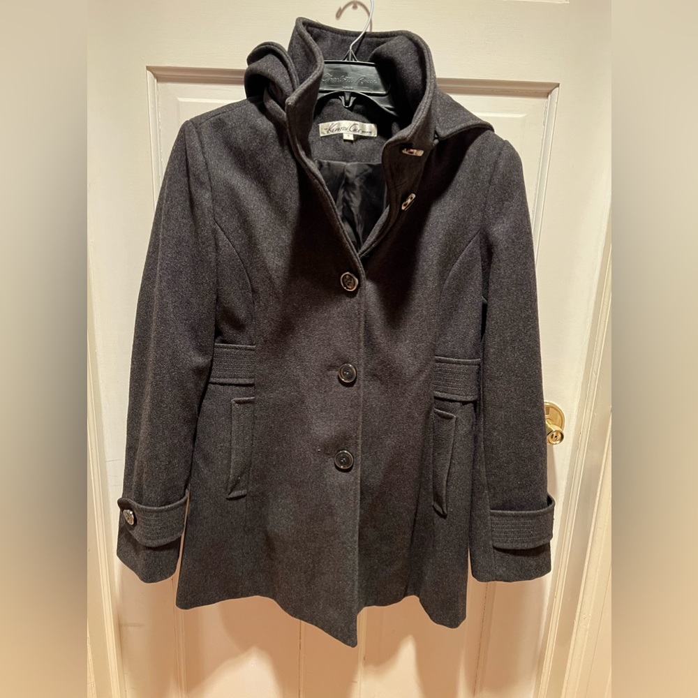 Kenneth Cole Dark Gray Button Front Wool Pea Coat with Removable Hood - Size 6